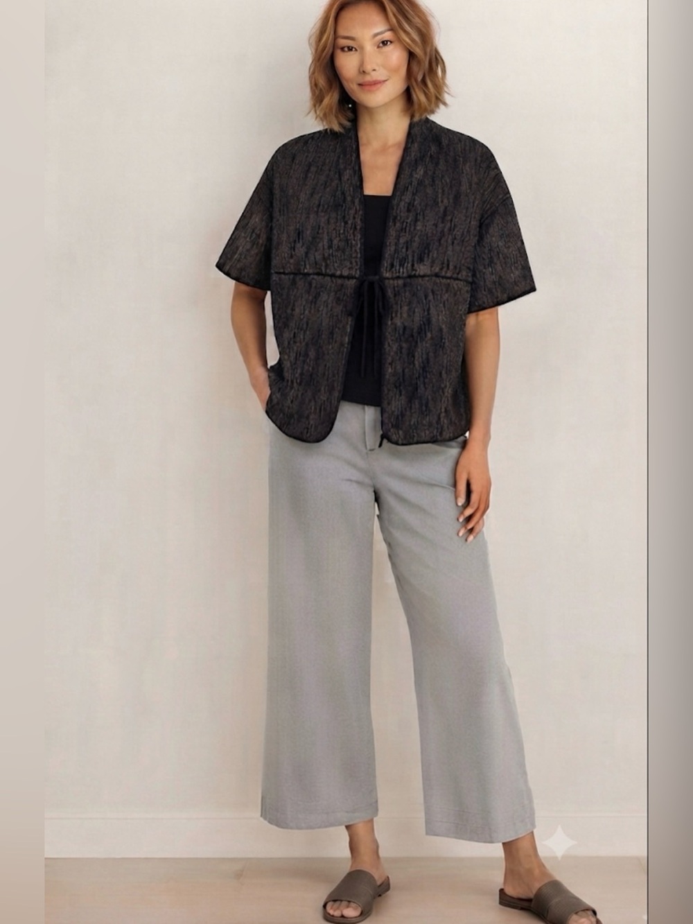 Eileen Fisher women’s organic cotton tie front short sleeve Jacket black & Tan L